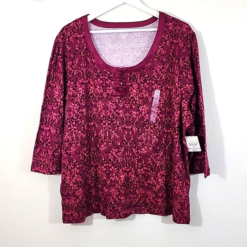 St. John's Bay Night Burgandy Print plus size top all cotton size 3X NWT